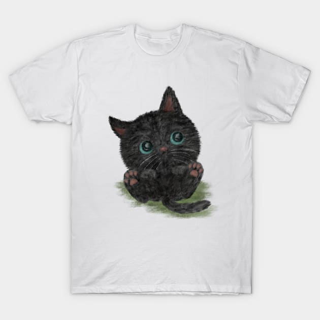 Black cat with blue eyes is lying down T-Shirt by sanogawa